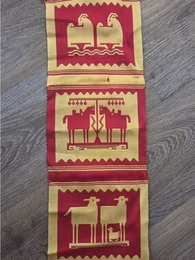 Peruvian Handwoven Red and Gold Textile Runner with Geometric Animal Motifs